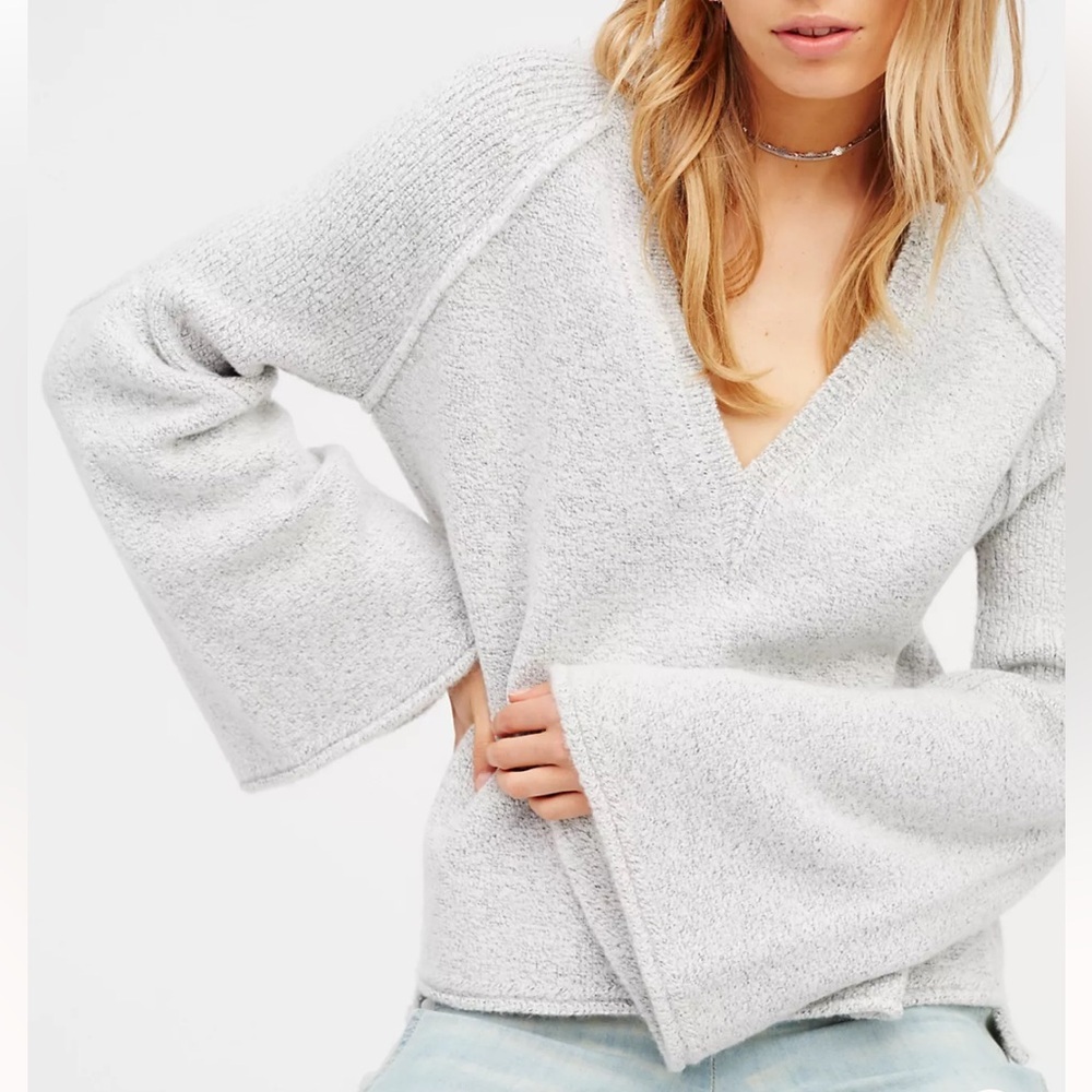 Free People Lovely Lines Women's V-Neck Flare Sleeve Pullover Sweater